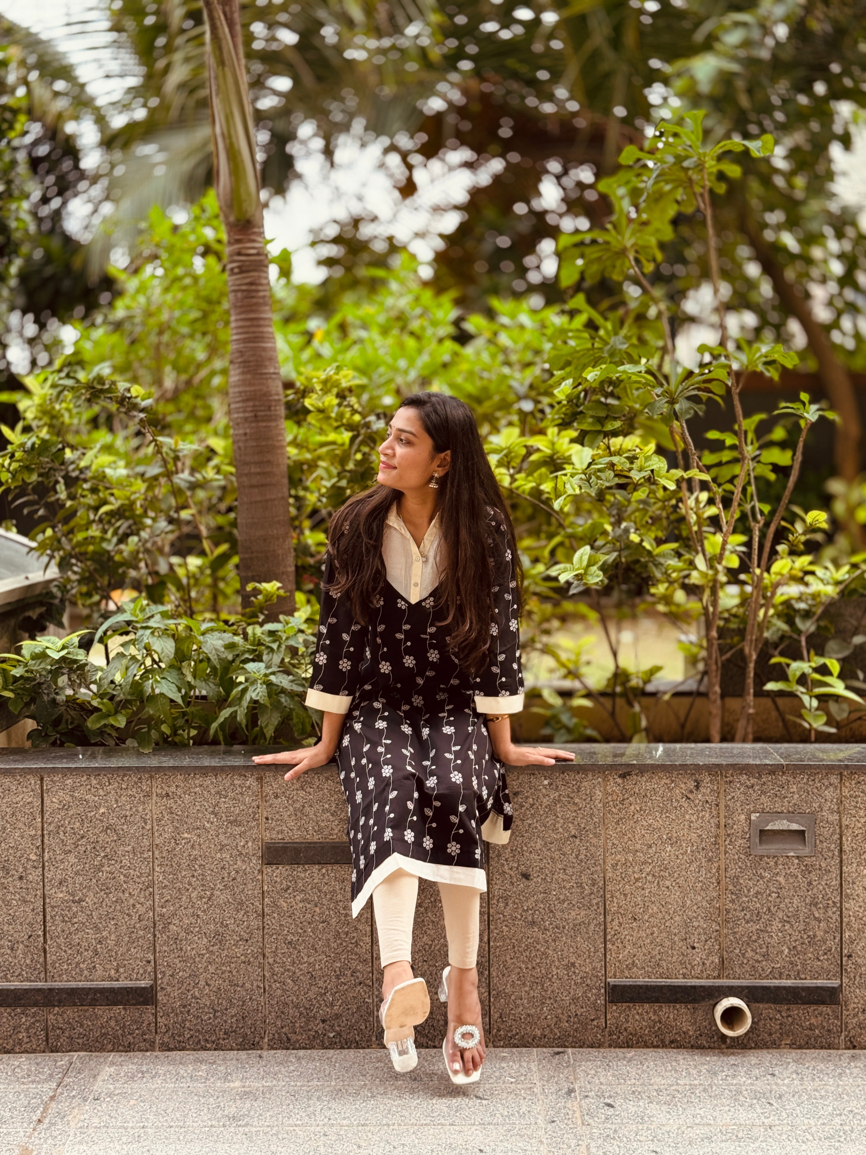 Noir Floral Printed Kurta with Contrast Detailing