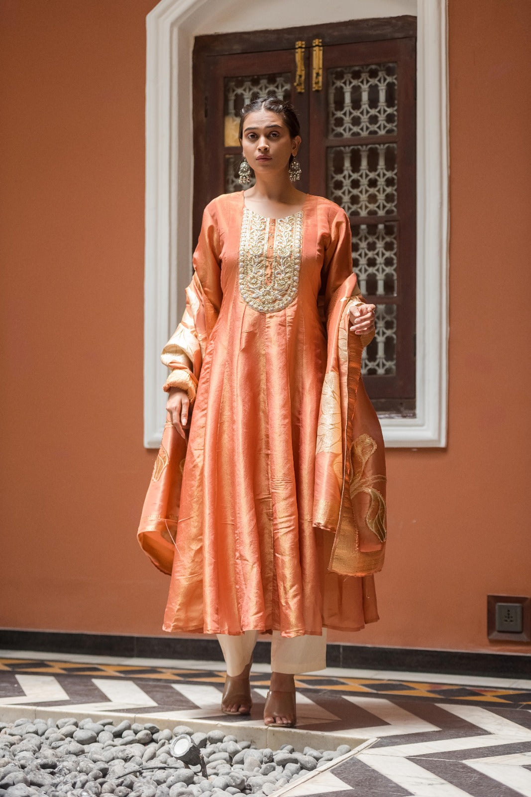 Shimmer Tissue Kurta Set with Handcrafted Floral Dupatta