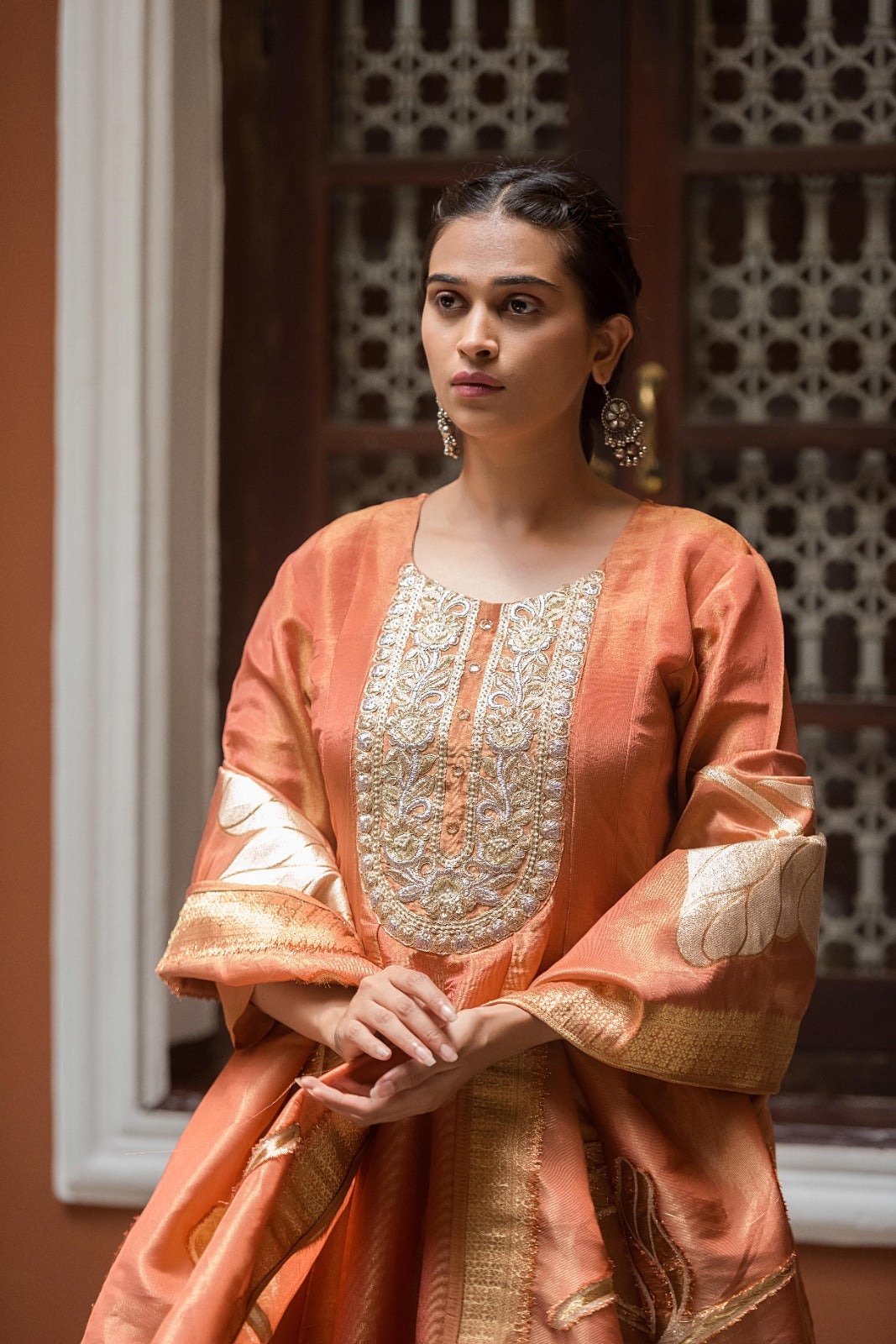 Shimmer Tissue Kurta Set with Handcrafted Floral Dupatta