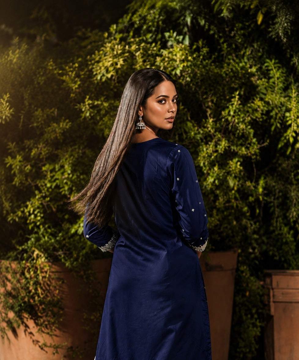 Blue Embroidered Cotton Satin Kurta Set with Pants & Dupatta
